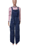 Deep Blue Casual Solid Color Pocket Sleeveless Loose Denim Jumpsuits
