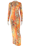 Tangerine Red Sexy Print Hollow Out O Neck Long Dresses