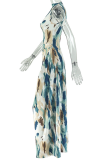 Colour Elegant Print Ruched O Neck Long Dresses