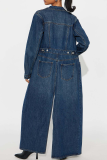 The cowboy blue Casual Solid Color Pocket Turndown Collar Long Sleeve Denim Jacket