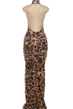 Leopard Print Sexy Leopard Print Ruched Half A Turtleneck Long Dresses