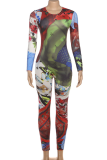 Green Casual Print Patchwork O Neck Skinny Jumpsuits