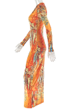 Tangerine Red Sexy Print Hollow Out O Neck Long Dresses