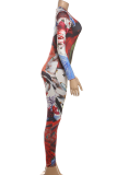 Green Casual Print Patchwork O Neck Skinny Jumpsuits