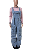 Deep Blue Casual Solid Color Pocket Sleeveless Loose Denim Jumpsuits