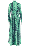 Green Elegant Print Patchwork Turtleneck Long Dresses
