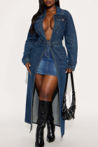 The cowboy blue Casual Solid Color Pocket Turndown Collar Long Sleeve Denim Jacket