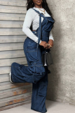 Deep Blue Casual Solid Color Pocket Sleeveless Loose Denim Jumpsuits