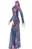 Black Red Elegant Print Patchwork Turtleneck Long Dresses