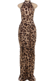 Leopard Print Sexy Leopard Print Ruched Half A Turtleneck Long Dresses
