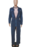 The cowboy blue Casual Solid Color Pocket Turndown Collar Long Sleeve Denim Jacket