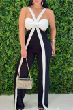 Black Sexy Solid Color Contrast Spaghetti Strap Regular Jumpsuits