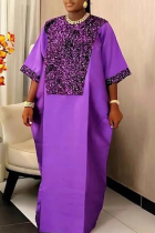 Purple Casual Solid Color Sequins O Neck Long Dresses