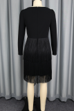 Black Elegant Solid Color Fringed Trim Square Neck Long Dresses