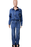 Light Blue Casual Solid Color Buckle Turndown Collar Long Sleeve Regular Denim Jumpsuits