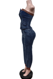 Blue Casual Solid Color Buckle Strapless Sleeveless Two Pieces