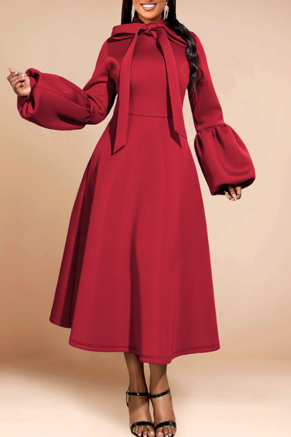 Burgundy Elegant Solid Color Strap Design O Neck Long Dresses