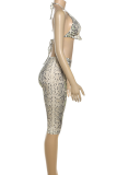 Orange Sexy Snakeskin Print Backless Halter Sleeveless Two Pieces