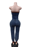 Blue Casual Solid Color Buckle Strapless Sleeveless Two Pieces
