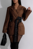 Grey Casual Solid Color Patchwork Turn-back Collar Outerwear