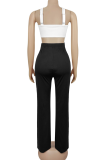 Black Sexy Solid Color Contrast Spaghetti Strap Regular Jumpsuits