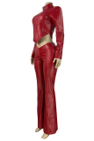 Burgundy Casual Solid Color Zipper Zipper Collar Long Sleeve Two Pieces