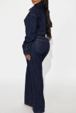 Light Blue Casual Solid Color Buckle Turndown Collar Long Sleeve Regular Denim Jumpsuits