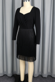 Black Elegant Solid Color Fringed Trim Square Neck Long Dresses
