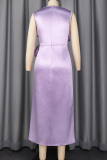 Purple Elegant Solid Color Slit Flounce O Neck Long Dresses