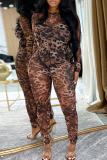 Leopard Print Sexy Leopard Print See-Through O Neck Skinny Jumpsuits