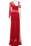 Red Sexy Solid Color Hollow Out O Neck Long Dresses