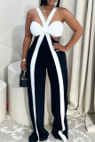Black Sexy Solid Color Contrast Spaghetti Strap Regular Jumpsuits