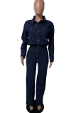 Light Blue Casual Solid Color Buckle Turndown Collar Long Sleeve Regular Denim Jumpsuits