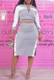 Grey Casual Buckle Contrast Zipper Collar Long Sleeve Two Pieces