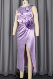 Purple Elegant Solid Color Slit Flounce O Neck Long Dresses
