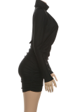 Black Sexy Solid Color Ruched Turtleneck Wrapped Skirt Dresses