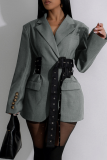 Grey Casual Solid Color Patchwork Turn-back Collar Outerwear