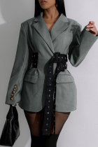 Grey Casual Solid Color Patchwork Turn-back Collar Outerwear