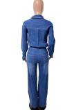 Light Blue Casual Solid Color Buckle Turndown Collar Long Sleeve Regular Denim Jumpsuits