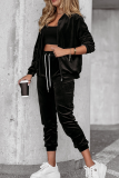 Black Casual Solid Color Zipper Zipper Collar Long Sleeve Two Pieces