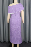 Purple Elegant Solid Color Flowers Oblique Collar Long Dresses