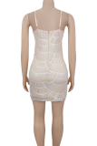 Cream White Sexy Solid Color Hollow Out Sequins Spaghetti Strap Wrapped Skirt Dresses