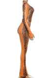 Orange Casual Print Patchwork O Neck Long Sleeve Two Pieces