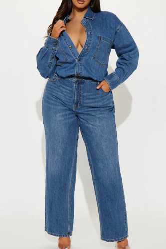 Light Blue Casual Solid Color Buckle Turndown Collar Long Sleeve Regular Denim Jumpsuits