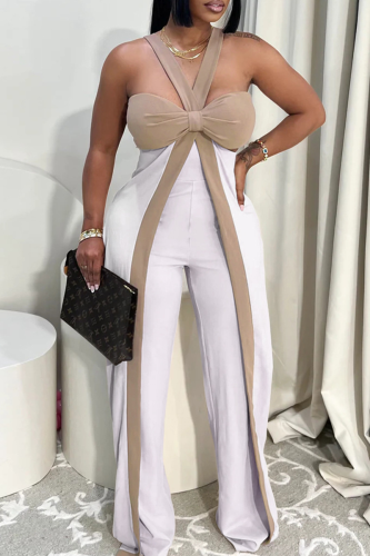 Apricot Sexy Solid Color Contrast Spaghetti Strap Regular Jumpsuits