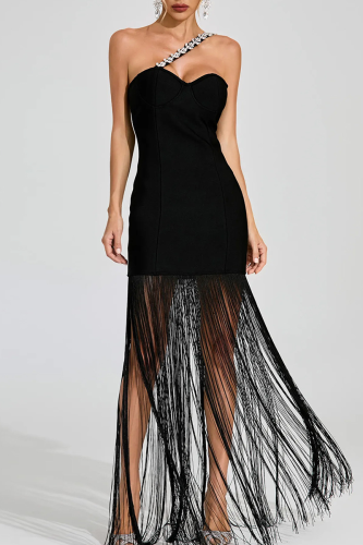 Black Sexy Solid Color Fringed Trim Hot Drill Strapless Strapless Dresses
