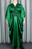 Green Casual Solid Color Sequins V Neck Long Dresses