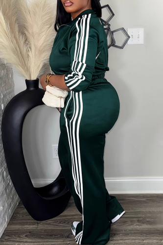 Ink Green Casual Stripe Contrast Zipper Collar Long Sleeve Two Pieces