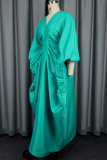 Rose Red Casual Solid Color Ruched V Neck Long Dresses