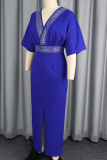 Blue Elegant Solid Color Slit Hot Drill O Neck Evening Dresses